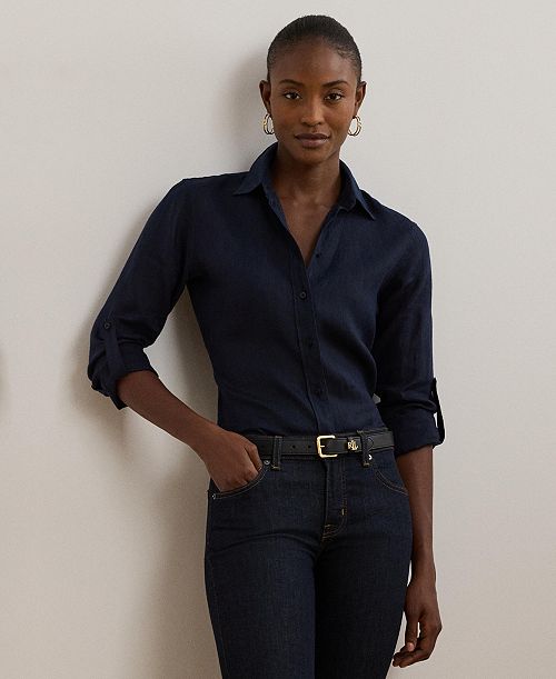 Lauren Ralph Lauren 100% Linen Shirt Women's Fashion Shoes & Accessories