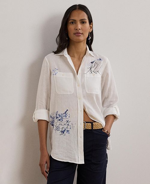 Lauren Ralph Lauren 100% Linen Women's Relaxed-Fit Print Roll-Tab Sleeve Shirt Women's Fashion Shoes & Accessories