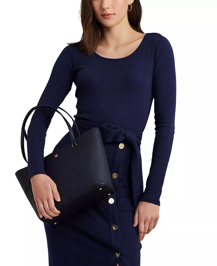 Lauren Ralph Lauren Crosshatch Leather Medium Karly Shopper Tote Handbags Purses & Accessories