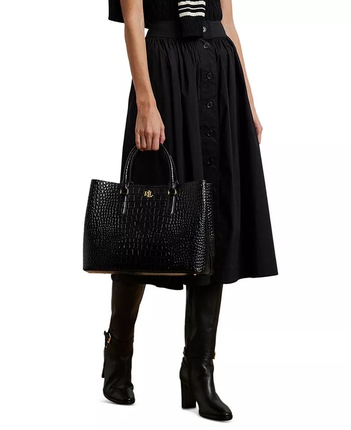 Lauren Ralph Lauren Marcy Large Embossed Leather Satchel Handbags Purses & Accessories