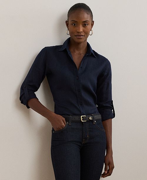 Lauren Ralph Lauren Petite 100% Linen Relaxed-Fit Shirt Women's Fashion Shoes & Accessories