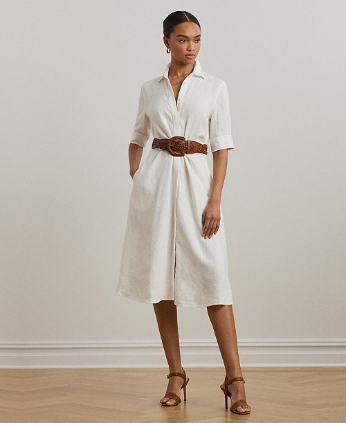 Lauren Ralph Lauren Petite 100% Linen Tie-Front Shirtdress Women's Fashion Shoes & Accessories