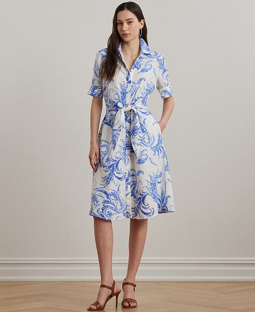 Lauren Ralph Lauren Petite Paisley Tie-Front Linen Shirtdress Women's Fashion Shoes & Accessories