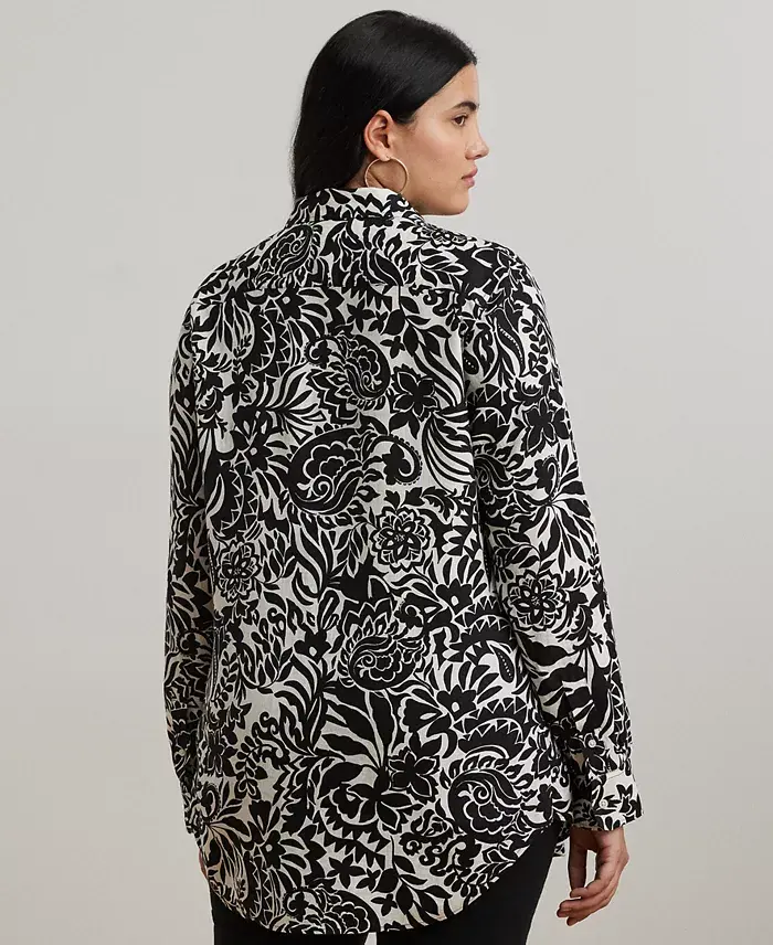 Lauren Ralph Lauren Plus Size 100% Linen Roll-Tab Shirt Women's Fashion Shoes & Accessories