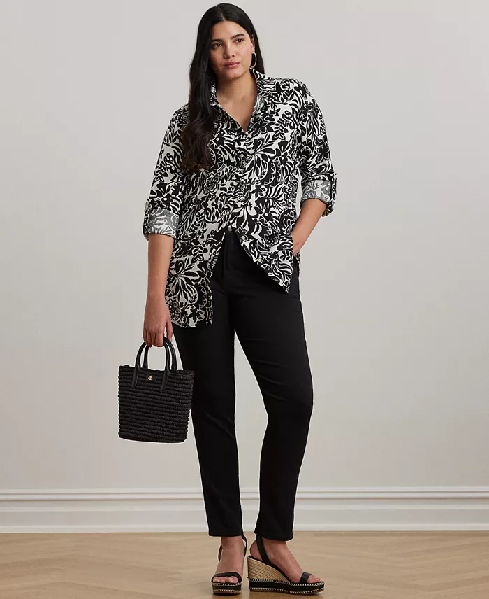 Lauren Ralph Lauren Plus Size 100% Linen Roll-Tab Shirt Women's Fashion Shoes & Accessories