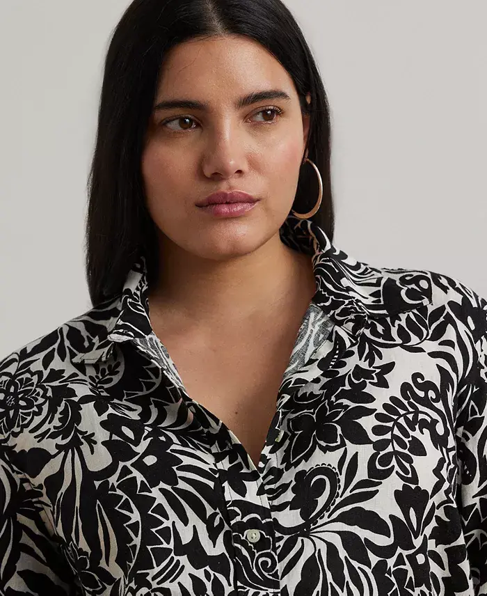 Lauren Ralph Lauren Plus Size 100% Linen Roll-Tab Shirt Women's Fashion Shoes & Accessories