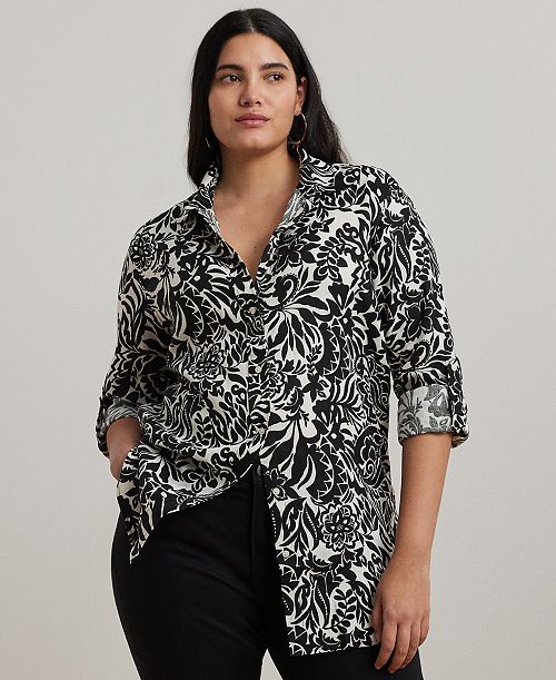 Lauren Ralph Lauren Plus Size 100% Linen Roll-Tab Shirt Women's Fashion Shoes & Accessories