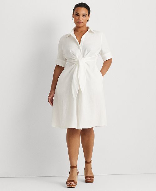 Lauren Ralph Lauren Plus-Size 100% Linen Shirtdress Women's Fashion Shoes & Accessories