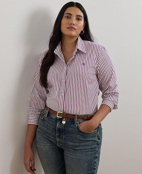 Lauren Ralph Lauren Plus Size Classic-Fit Striped Broadcloth Shirt Women's Fashion Shoes & Accessories