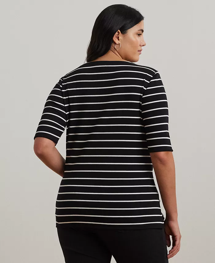 Lauren Ralph Lauren Plus Size Striped Cotton Boatneck T-Shirt Women's Fashion Shoes & Accessories
