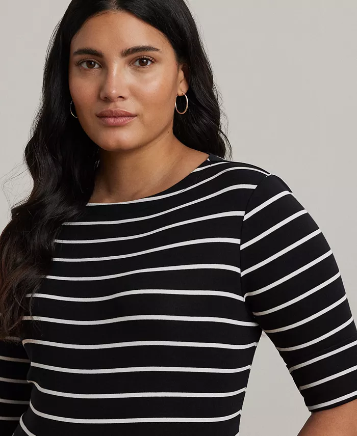 Lauren Ralph Lauren Plus Size Striped Cotton Boatneck T-Shirt Women's Fashion Shoes & Accessories