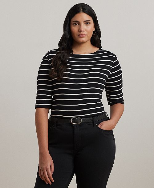 Lauren Ralph Lauren Plus Size Striped Cotton Boatneck T-Shirt Women's Fashion Shoes & Accessories