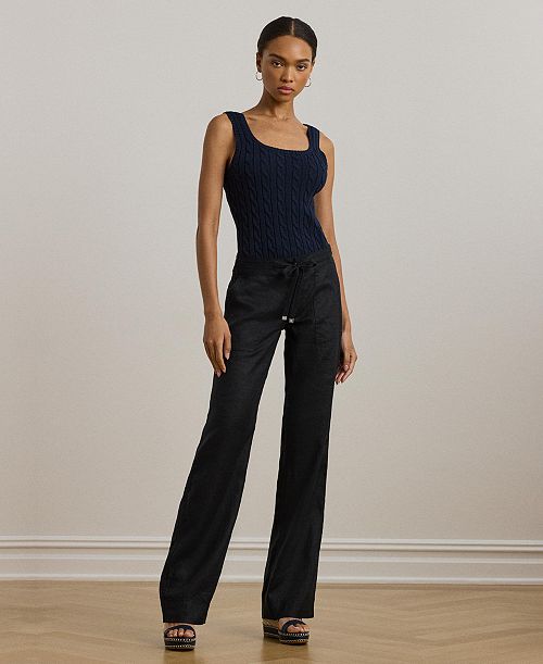 Lauren Ralph Lauren Wide-Leg 100% Linen Pants Women's Fashion Shoes & Accessories