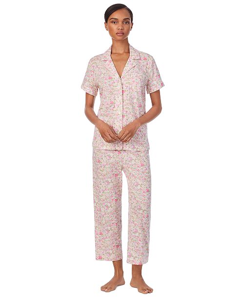 Lauren Ralph Lauren Women's 2-Pc. Short-Sleeve Notch-Collar Cropped-Pant Pajama Set Women's Fashion Shoes & Accessories