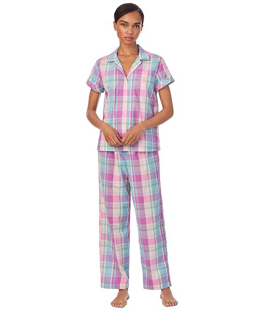 Lauren Ralph Lauren Women's 2-Pc. Short-Sleeve Notch-Collar Ankle-Pant Pajama Set Women's Fashion Shoes & Accessories