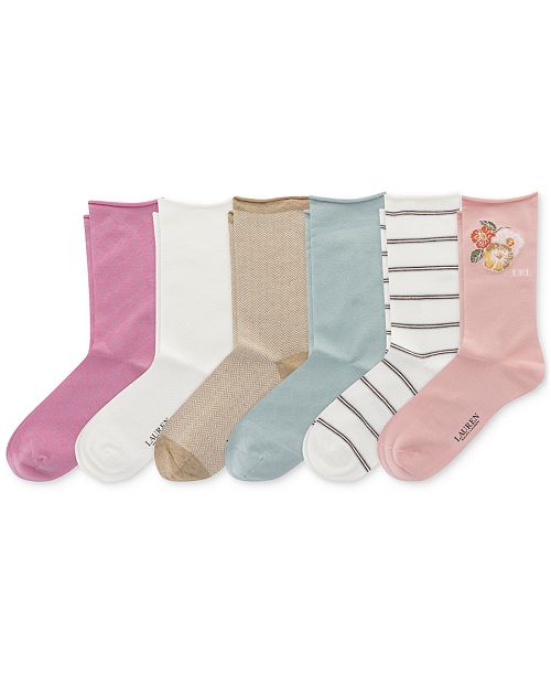 Lauren Ralph Lauren Women's 6-Pk. Placed Floral Roll-Top Socks L3232PK2 Women's Fashion Shoes & Accessories