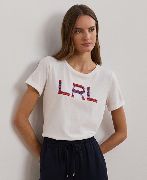 Lauren Ralph Lauren Women's Beaded-Logo Cotton Jersey Tee Women's Fashion Shoes & Accessories