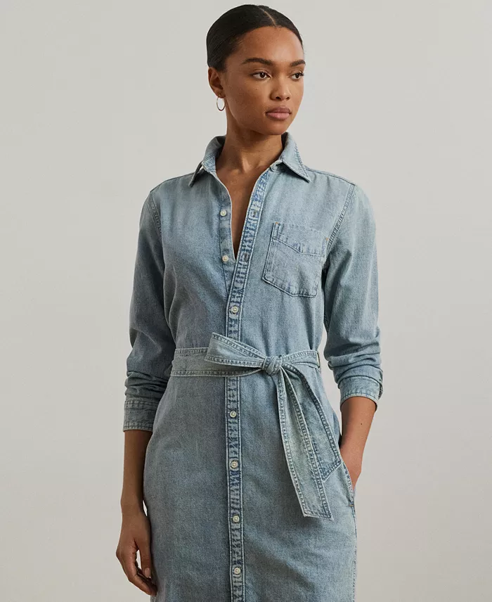 Lauren Ralph Lauren Women's Belted Denim Shirtdress Women's Fashion Shoes & Accessories