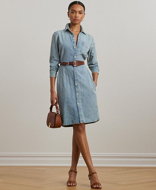 Lauren Ralph Lauren Women's Belted Denim Shirtdress Women's Fashion Shoes & Accessories