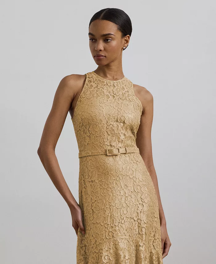 Lauren Ralph Lauren Women's Belted Metallic Lace Tiered Gown Women's Fashion Shoes & Accessories