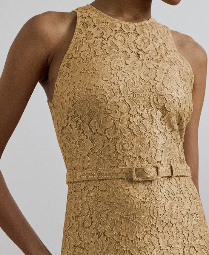 Lauren Ralph Lauren Women's Belted Metallic Lace Tiered Gown Women's Fashion Shoes & Accessories