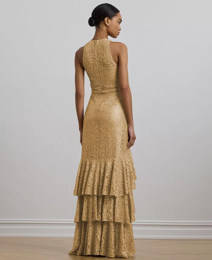 Lauren Ralph Lauren Women's Belted Metallic Lace Tiered Gown Women's Fashion Shoes & Accessories