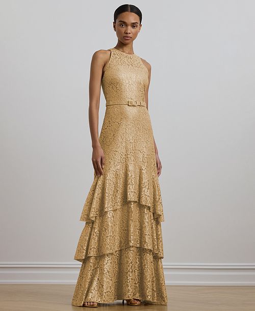 Lauren Ralph Lauren Women's Belted Metallic Lace Tiered Gown Women's Fashion Shoes & Accessories