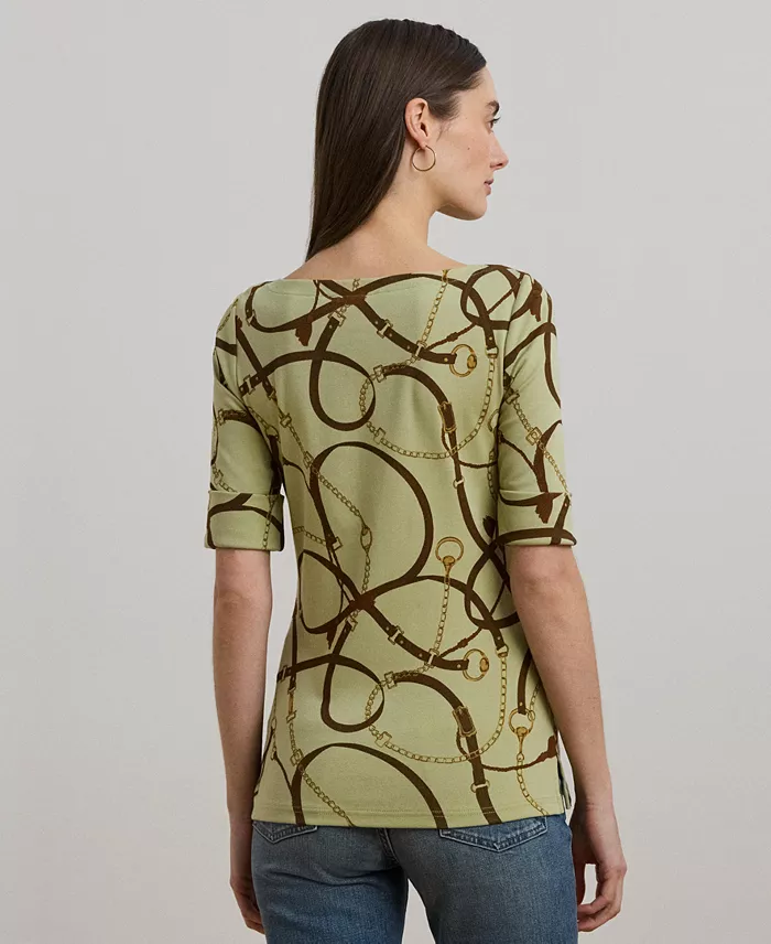 Lauren Ralph Lauren Women's Belting-Print Cotton-Blend Boatneck Tee Women's Fashion Shoes & Accessories