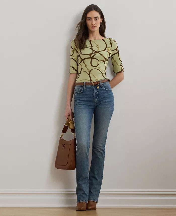 Lauren Ralph Lauren Women's Belting-Print Cotton-Blend Boatneck Tee Women's Fashion Shoes & Accessories