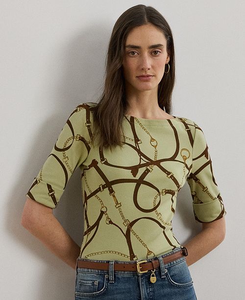 Lauren Ralph Lauren Women's Belting-Print Cotton-Blend Boatneck Tee Women's Fashion Shoes & Accessories