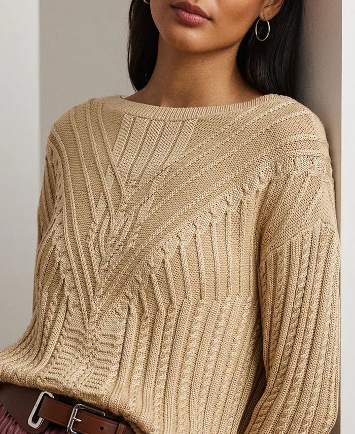 Lauren Ralph Lauren Women's Cable-Knit Cotton-Blend Boatneck Sweater Regular & Petite Women's Fashion Shoes & Accessories