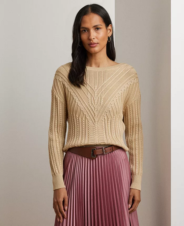 Lauren Ralph Lauren Women's Cable-Knit Cotton-Blend Boatneck Sweater Regular & Petite Women's Fashion Shoes & Accessories
