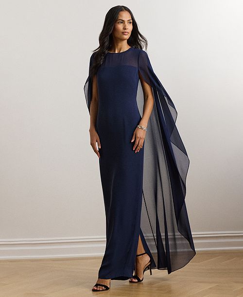 Lauren Ralph Lauren Women's Cape Georgette Gown Women's Fashion Shoes & Accessories