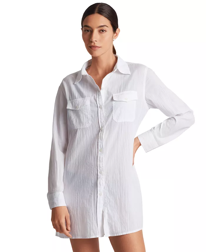 Lauren Ralph Lauren Women's Classic Camp Shirt Swim Cover-Up Women's Fashion Shoes & Accessories
