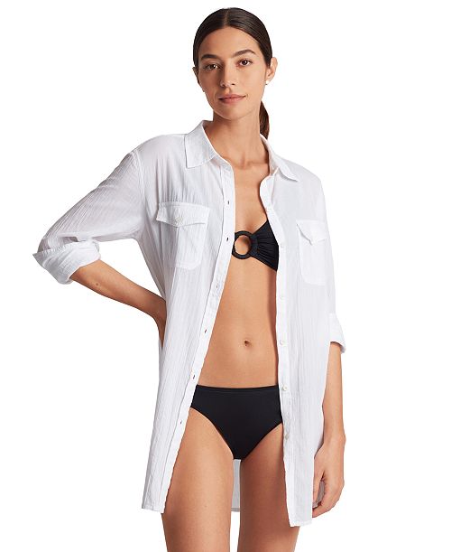 Lauren Ralph Lauren Women's Classic Camp Shirt Swim Cover-Up Women's Fashion Shoes & Accessories
