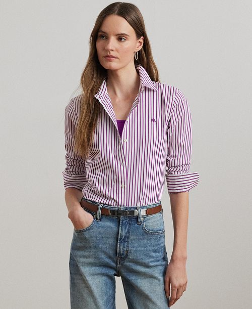 Lauren Ralph Lauren Women's Classic-Fit Striped Broadcloth Shirt Women's Fashion Shoes & Accessories