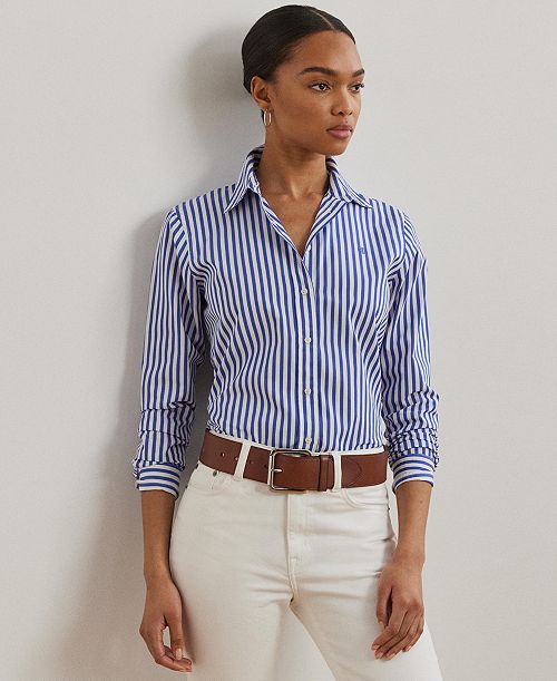 Lauren Ralph Lauren Women's Classic-Fit Striped Broadcloth Shirt Women's Fashion Shoes & Accessories