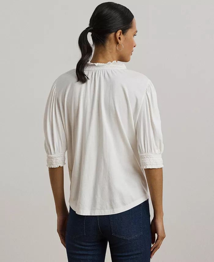 Lauren Ralph Lauren Women's Embroidered Jersey Tie-Neck Top Women's Fashion Shoes & Accessories