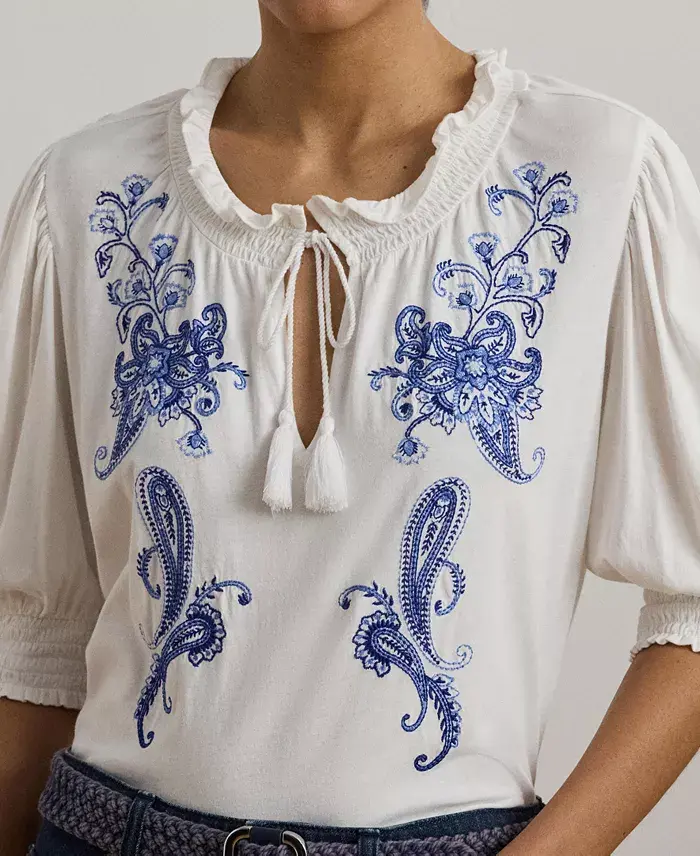 Lauren Ralph Lauren Women's Embroidered Jersey Tie-Neck Top Women's Fashion Shoes & Accessories