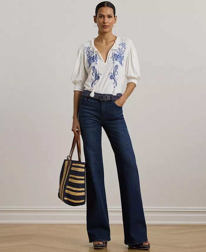 Lauren Ralph Lauren Women's Embroidered Jersey Tie-Neck Top Women's Fashion Shoes & Accessories