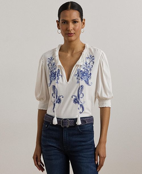 Lauren Ralph Lauren Women's Embroidered Jersey Tie-Neck Top Women's Fashion Shoes & Accessories