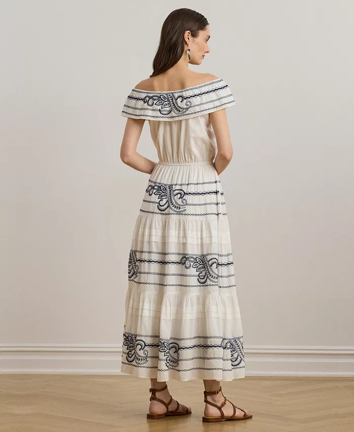 Lauren Ralph Lauren Women's Embroidered Voile Off-the-Shoulder Dress Women's Fashion Shoes & Accessories