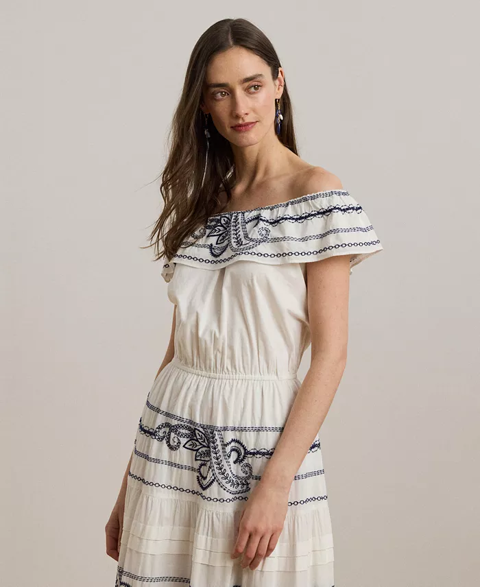Lauren Ralph Lauren Women's Embroidered Voile Off-the-Shoulder Dress Women's Fashion Shoes & Accessories