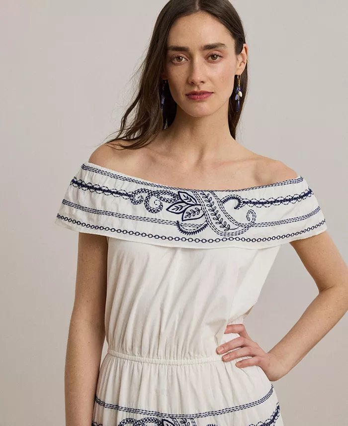 Lauren Ralph Lauren Women's Embroidered Voile Off-the-Shoulder Dress Women's Fashion Shoes & Accessories