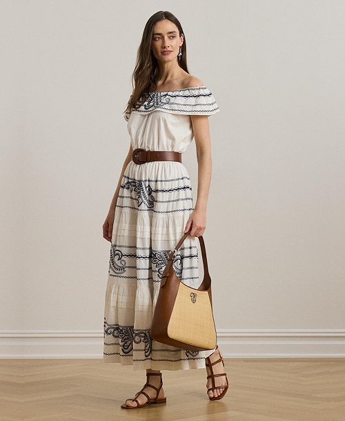Lauren Ralph Lauren Women's Embroidered Voile Off-the-Shoulder Dress Women's Fashion Shoes & Accessories