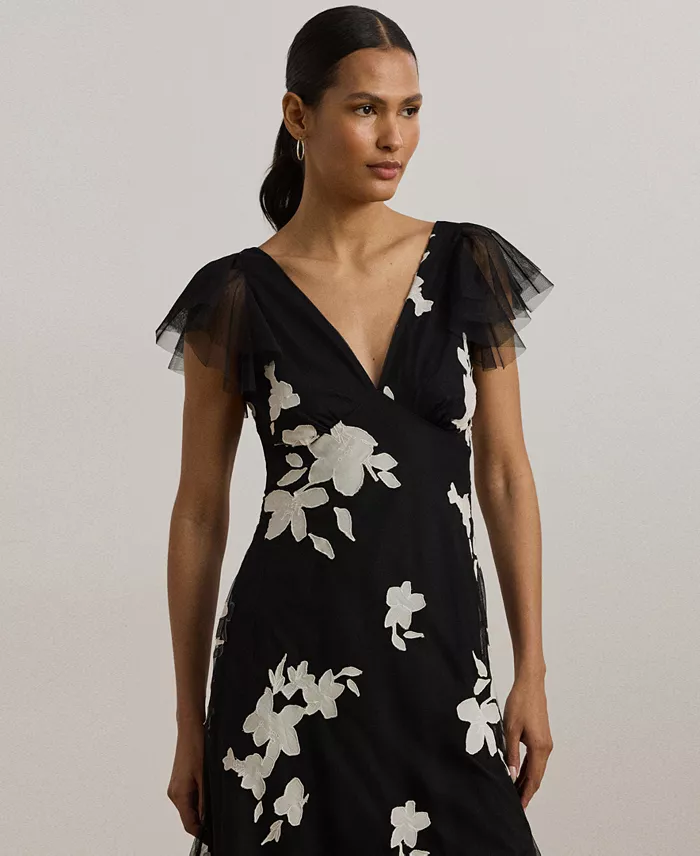 Lauren Ralph Lauren Women's Floral-Appliqué Tulle Cocktail Dress Women's Fashion Shoes & Accessories