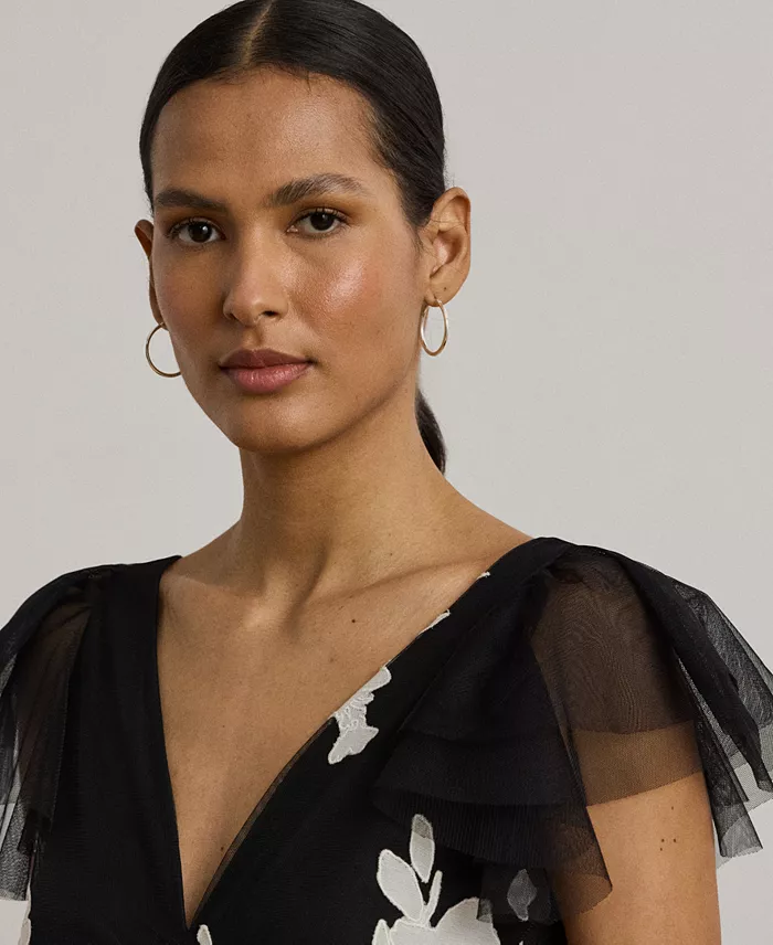 Lauren Ralph Lauren Women's Floral-Appliqué Tulle Cocktail Dress Women's Fashion Shoes & Accessories
