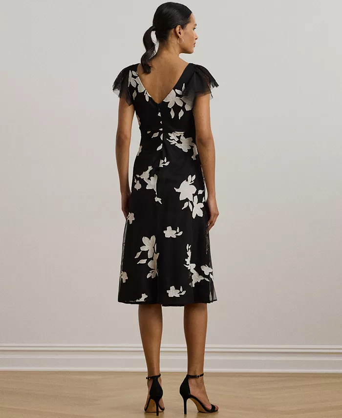 Lauren Ralph Lauren Women's Floral-Appliqué Tulle Cocktail Dress Women's Fashion Shoes & Accessories