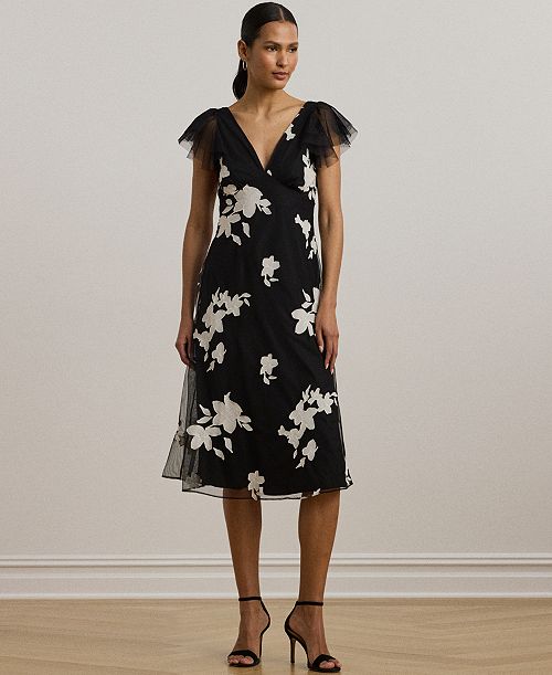 Lauren Ralph Lauren Women's Floral-Appliqué Tulle Cocktail Dress Women's Fashion Shoes & Accessories