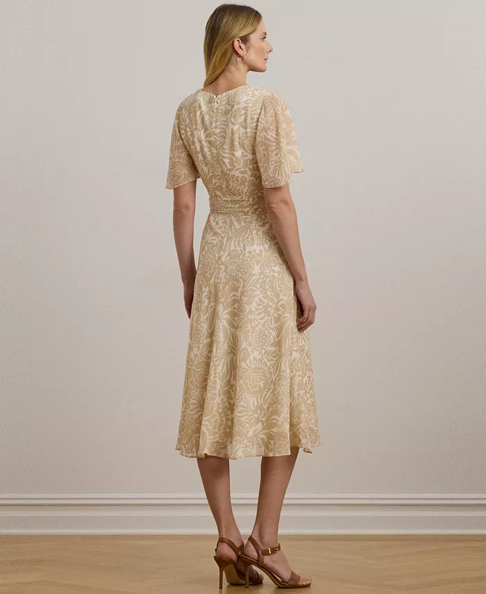 Lauren Ralph Lauren Women's Floral Belted Crinkle Georgette Dress Women's Fashion Shoes & Accessories